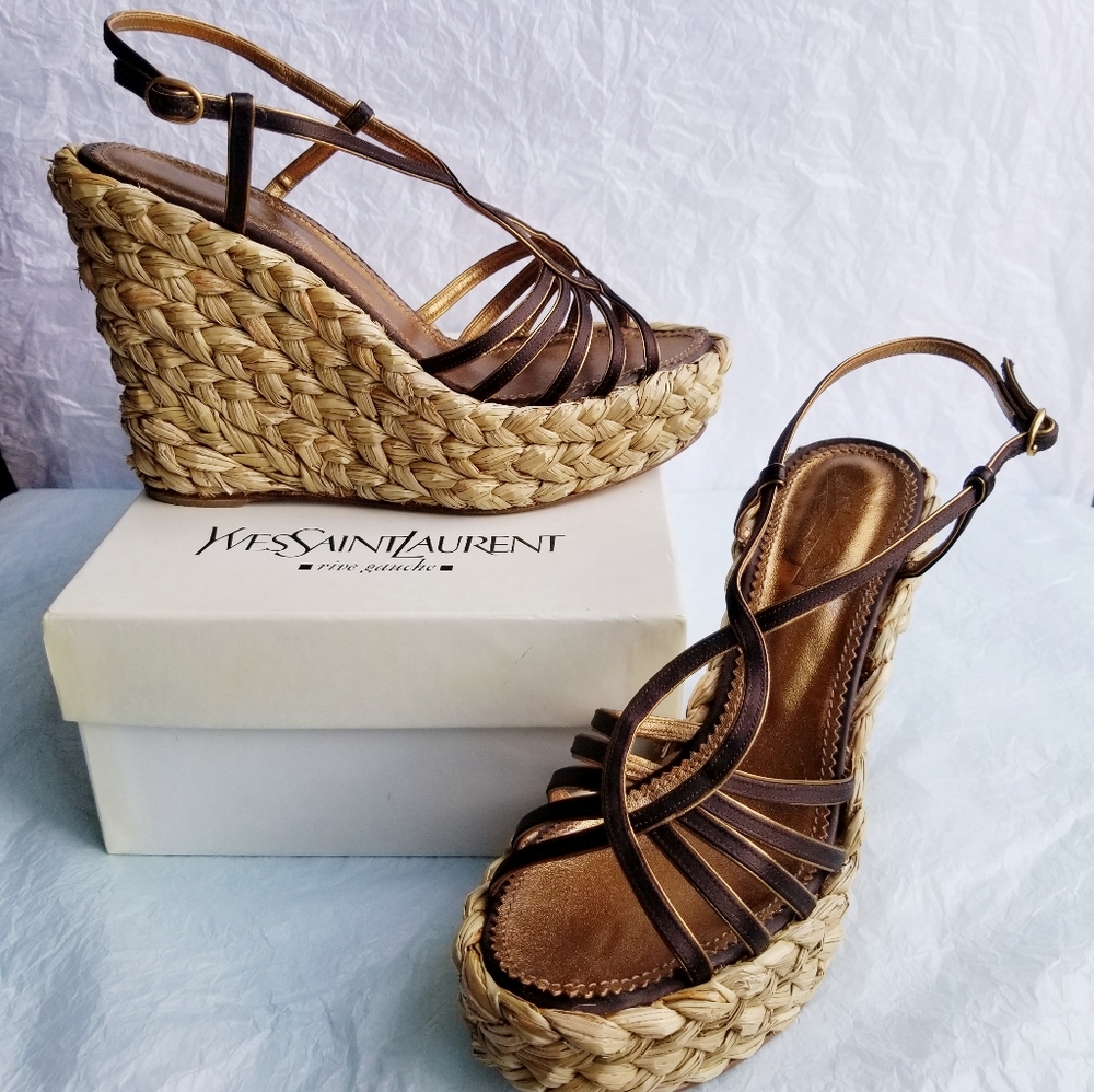 YSL Satin Straw Wedges